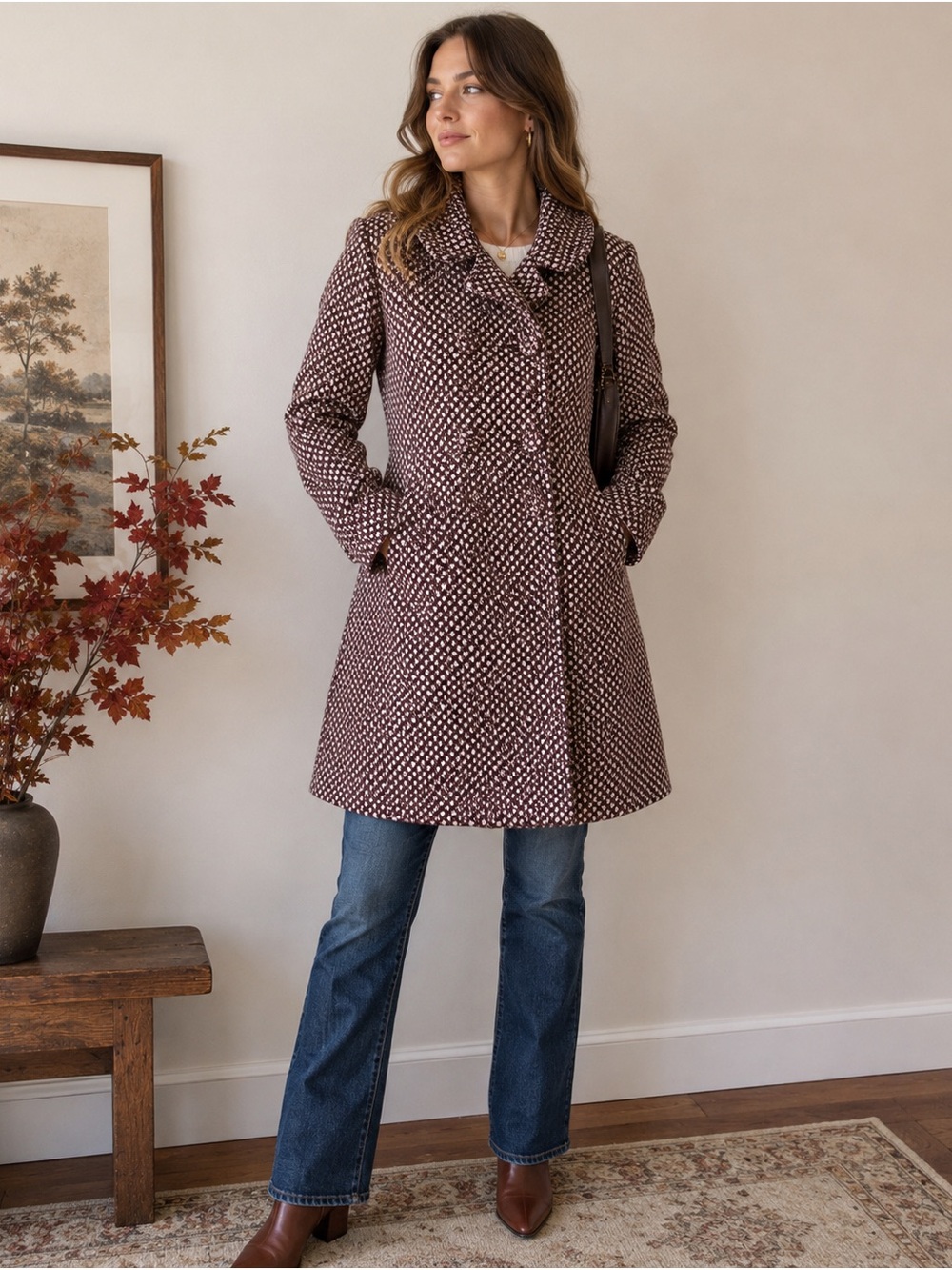 Banana Republic 2008 Wool Blend Double Breasted Tweed Coat Burgundy Large